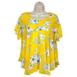 RED LOLLY Flowing Scoop Neck Top in Yellow with White Flowers + Tulip Sleeves